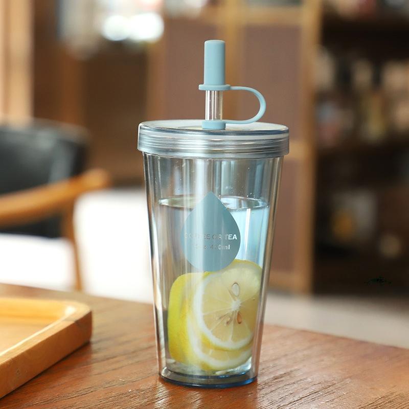 Double Layer Straw Milk Tea Cup With Lid Portable Water Mug Fruit Tea Cup Small Creative Plastic Cup For Summer Gift Water Cup