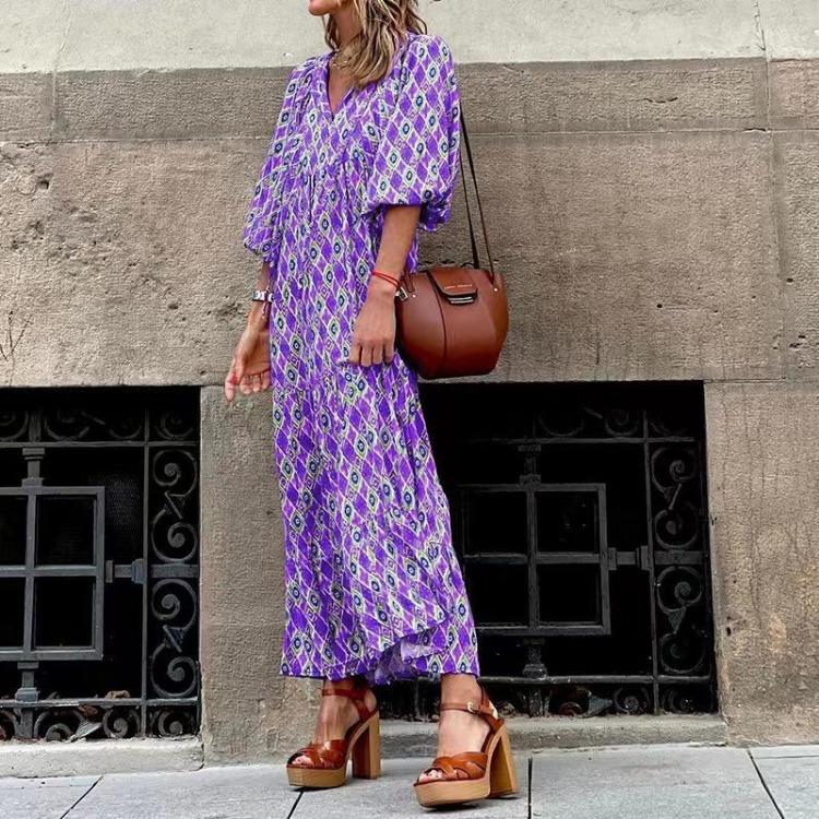 European American Women Maxi Dress Geometric Puff Sleeve Street Style