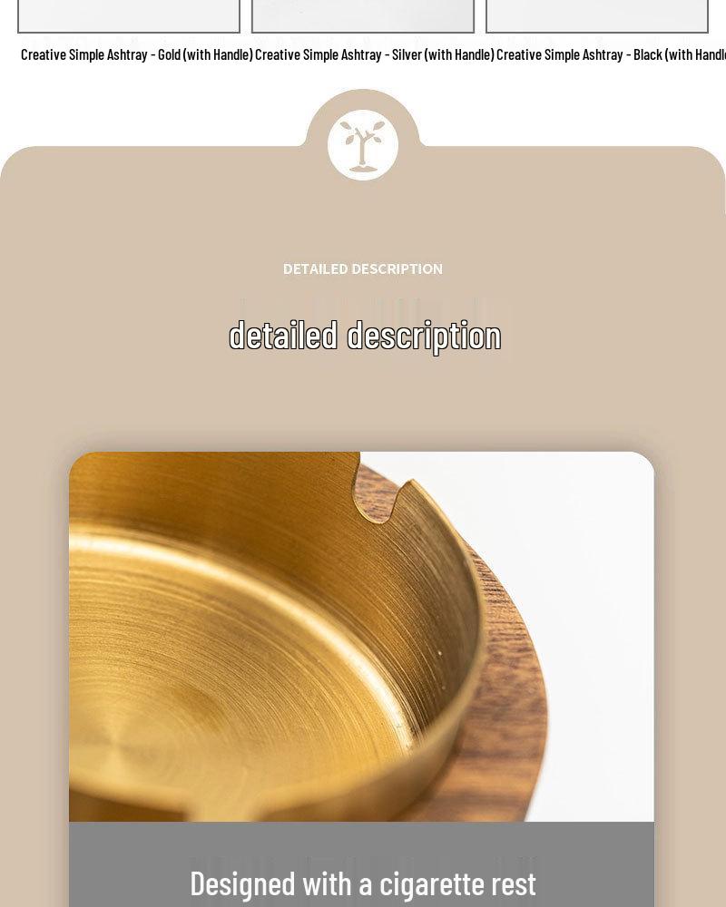 Gold-Stainless Steel Ashtray with Lid, Solid Wood Base – Anti-Ash Design for Home and Office, Ideal Gift.