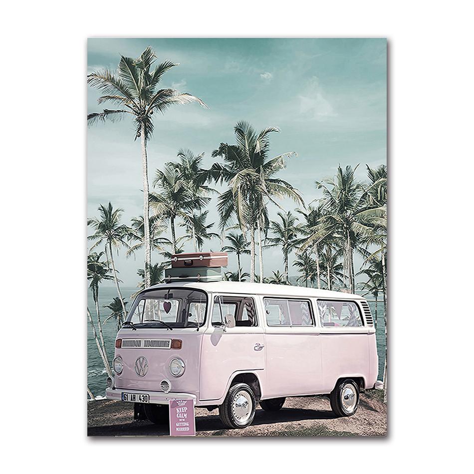 Dekorationsbild, skandinavisches Heimdekor, Ozeanlandschaft, Leinwand, nordischer Stil, Strand, rosa Bus, Wandkunstdruck, Gemälde