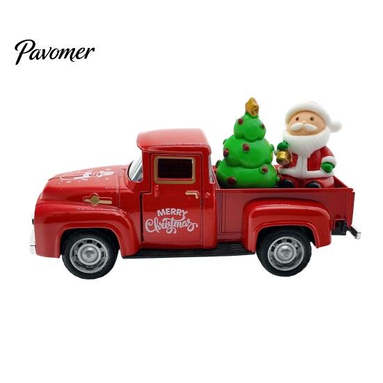 Red Truck Figurine Christmas Pickup Figurine, Vintage Car Statue with Santa Claus, Holiday Ornament Tree, Snowman, Miniature Alloy Vehicle for