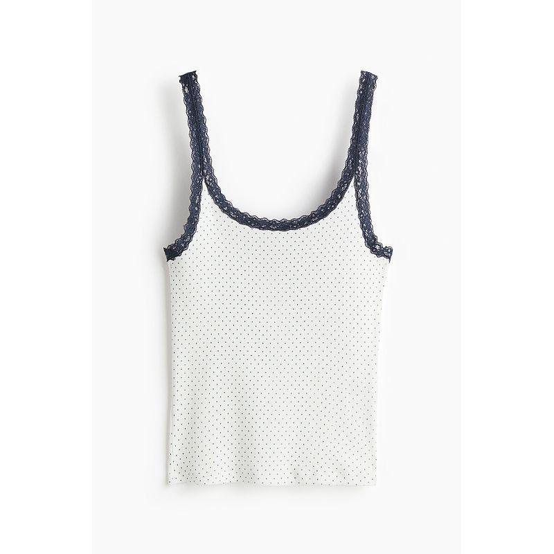 

HM Women clothes Sling 2025 Summer New Low round Neck American Slim fit Lace Edge Sleeveless Vest 1274285 White/Dot 155/80(XS)