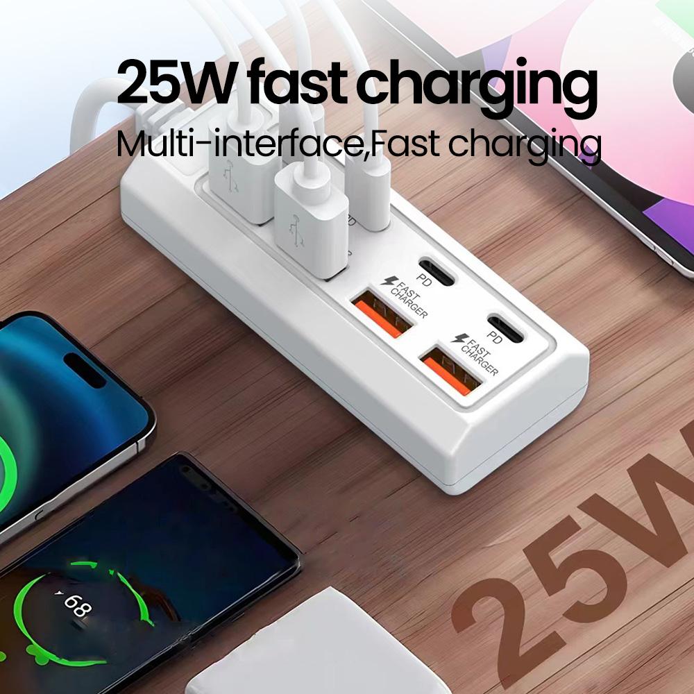 8-ports 25W USB C PD-laderstasjon Skjøteledning Elektrisk kontakt Hurtiglading Veggladeradapter For iPhone Xiaomi Samsung