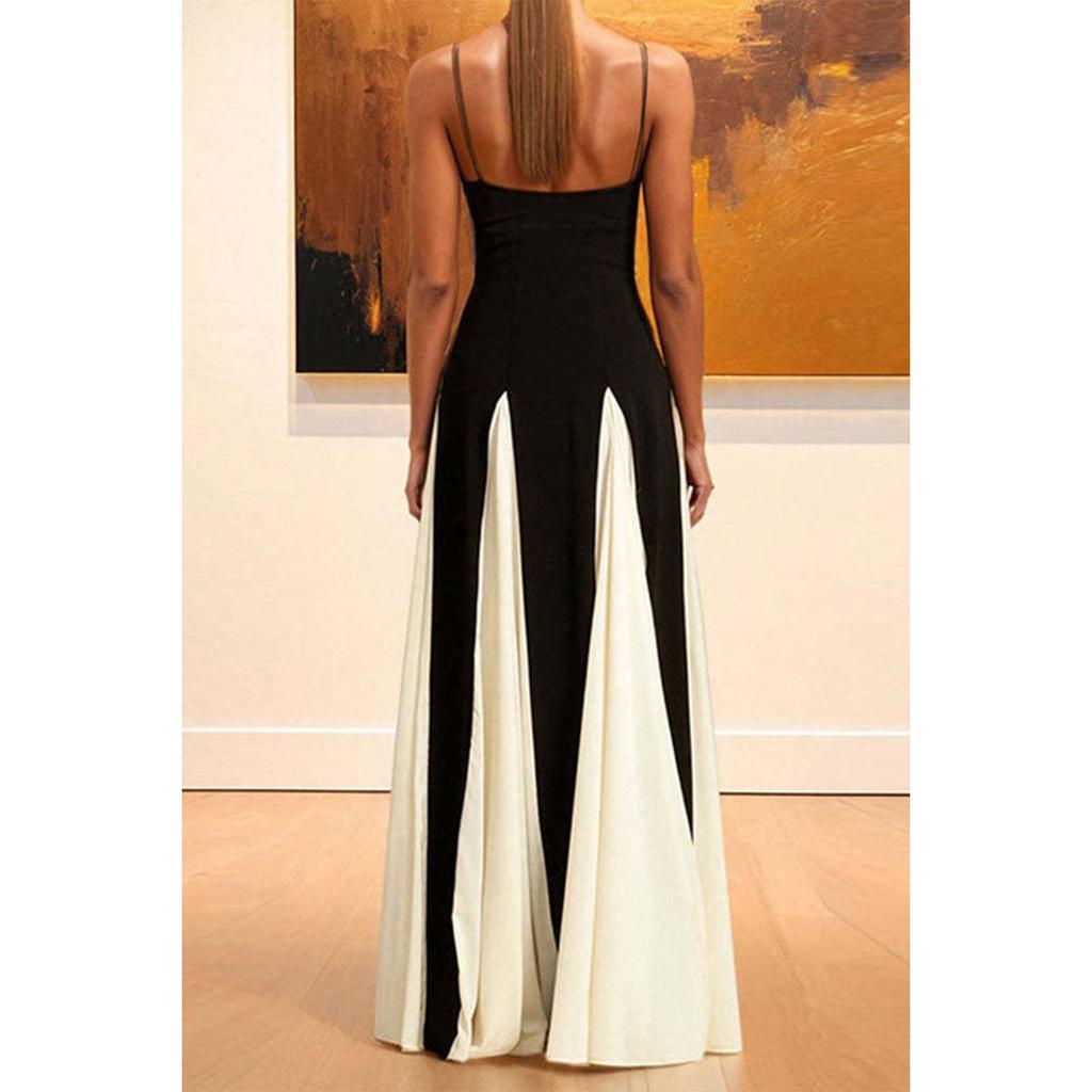Neues französisches Colorblock Bodycon Spaghettiträgerkleid, Hoher Hals Taillenraffer Fließendes Maxikleid, Elegantes Party-Damenkleid