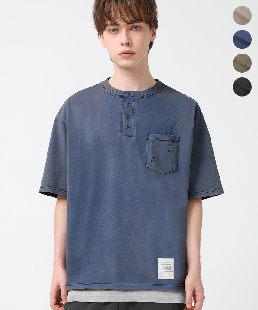 TRILLION Vintage Work Patch Pigment Henley Neck Short Sleeve_4Color