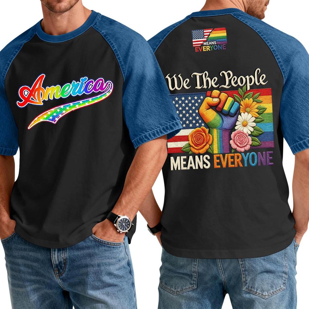 Men's Casual Short Sleeve T-Shirt Denim Patchwork Comfortable Fit Crew Neck Top with Printed Graphic Design Suitable for Everyday Wear