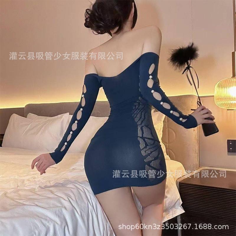 Sex Underwear Hollow Long-sleeved Hip Skirt Pearl Mesh Slim-fitting Off-the-shoulder Temptation