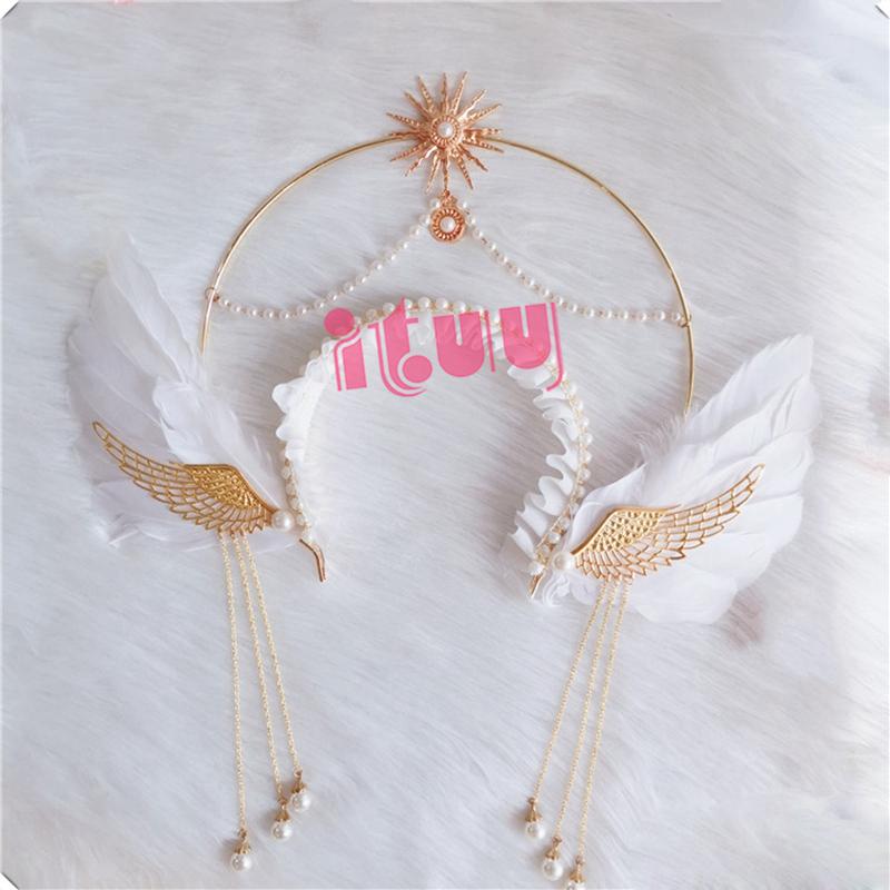 Lolita White Angel Wings Virgin Mary Bead Chain Baroque Halo Tiara Hair Accessory Virgin Mary Sun Godmother's Crown KC Headwear
