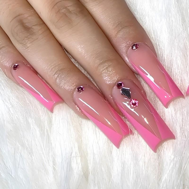 Pink French Style Press-On Nails With Rhinestones Simple Wearable Nail Tips Women Gel Adhesive Jelly Glue Options