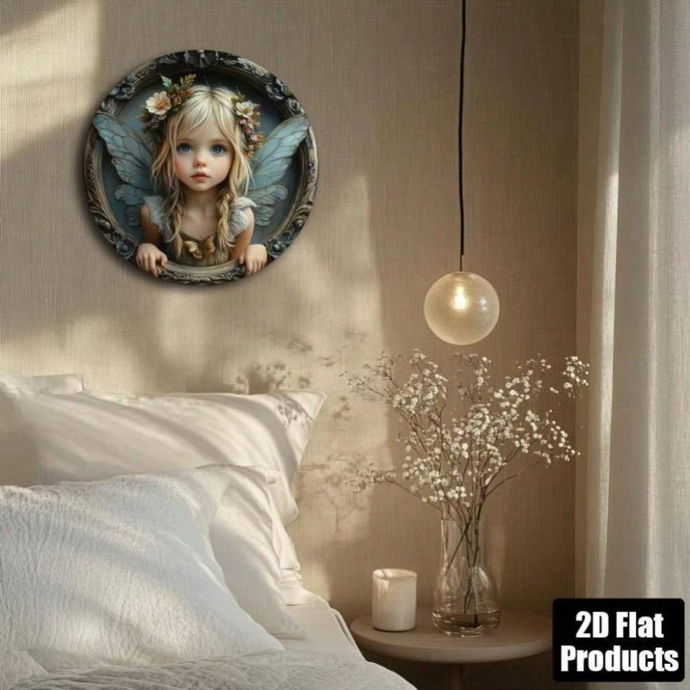 Vintage Butterfly Fairy Themed Round Aluminum Wall Art with Floral Decor