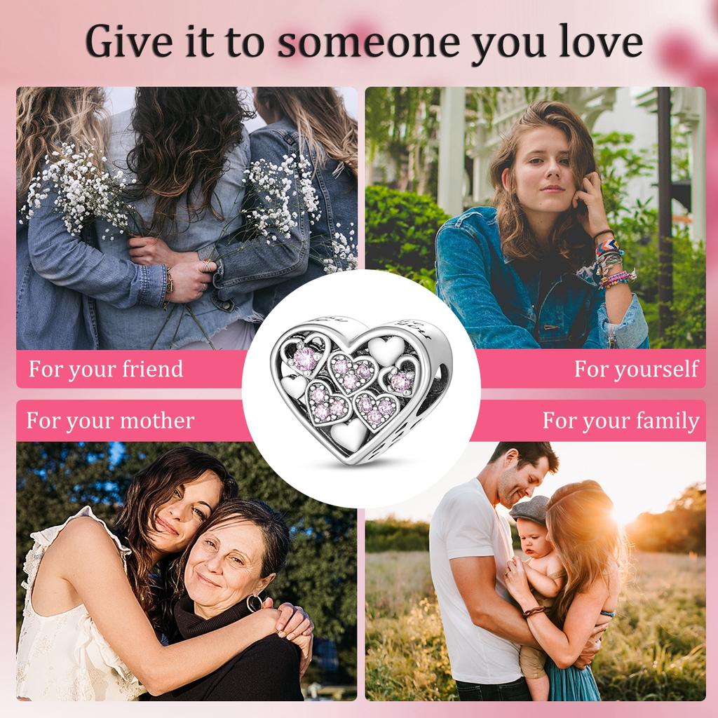 925 Sterling Silver Pink Zirconium Love Heart Charms Bead Heart-shaped Pendants Fit Original Bracelet DIY Jewelry GiftGood product