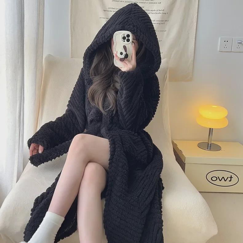 Women's Solid Color Jacquard Flannel Nightdress and Bathrobe - Thick Coral Fleece Lace-Up Pajamas for Autumn and Winter
