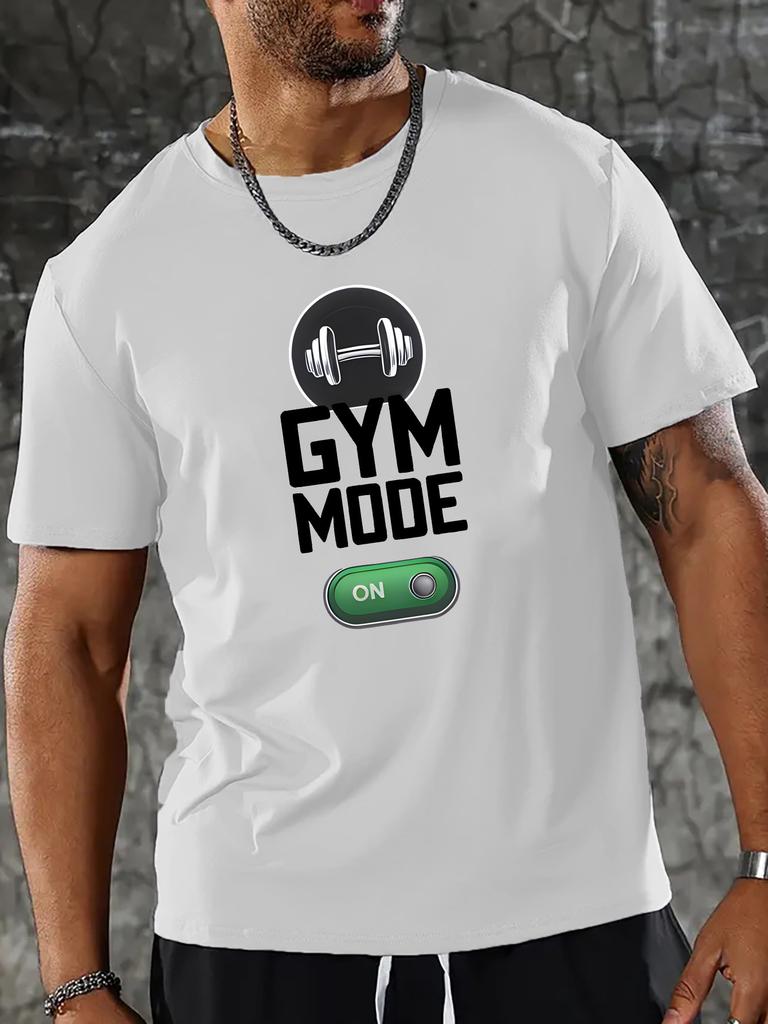 Unisex Red Tee Dumbbell Gym Mode On Sport Letter Graphic Print Crew Neck Short Sleeve Summer Casual Male Cotton Streetwear Top