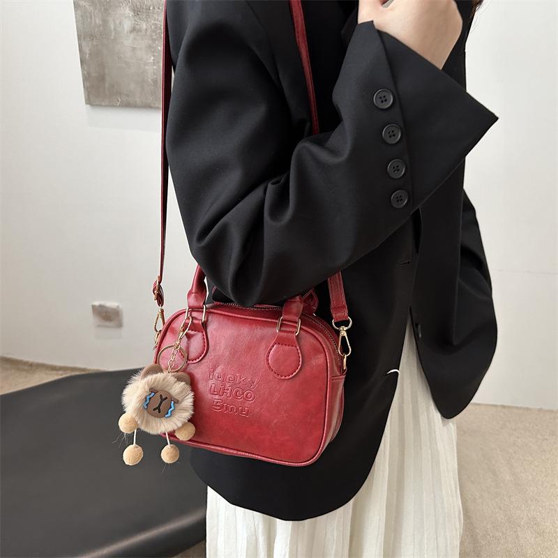 Retro Women's Fall/Winter 2025 Coffee Textured Bowling Crossbody Handbag