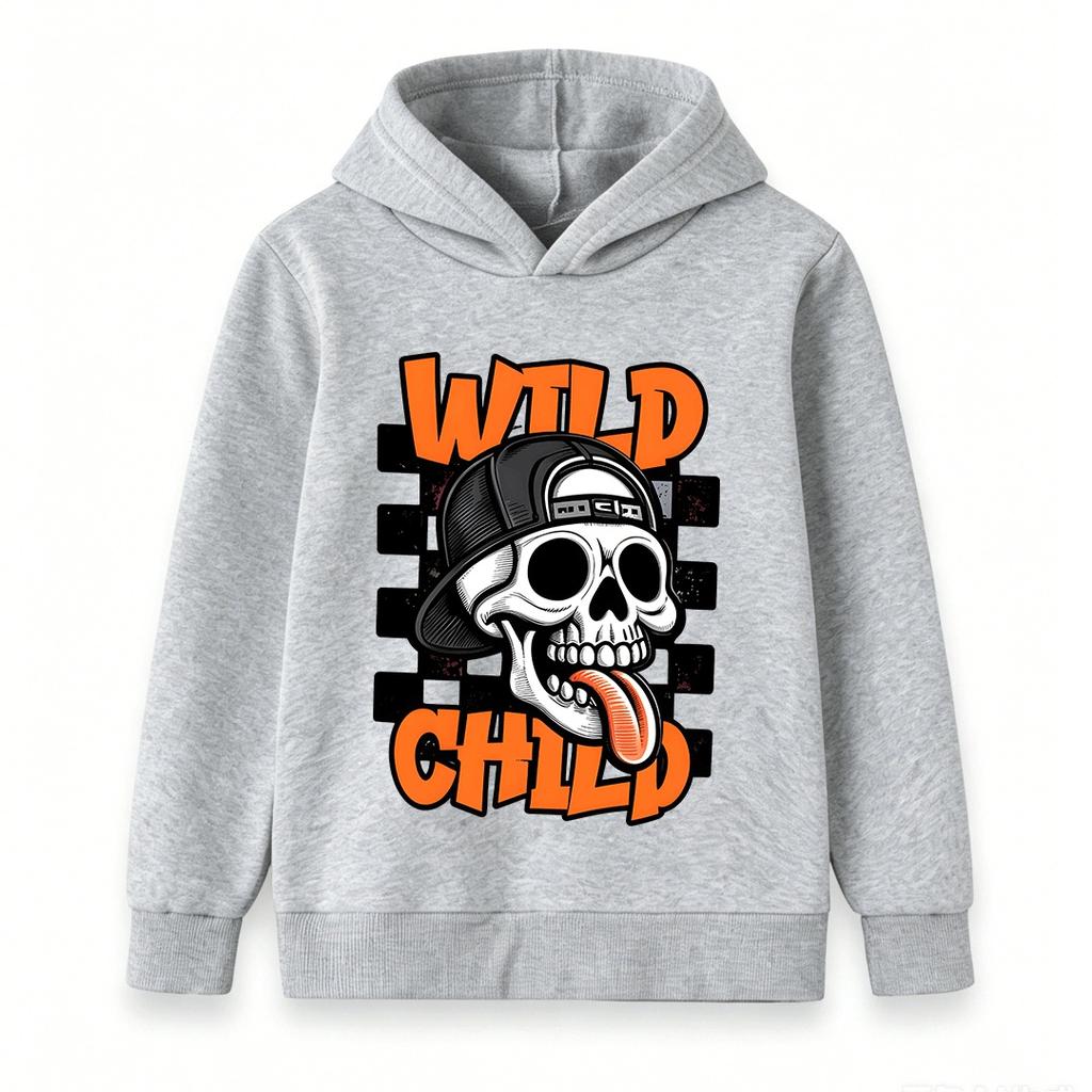 Kids Boys Girls Hoodie, Wild Child Skull Pattern Long Sleeve Casual Pullover Sweatshirt for Daily Wear