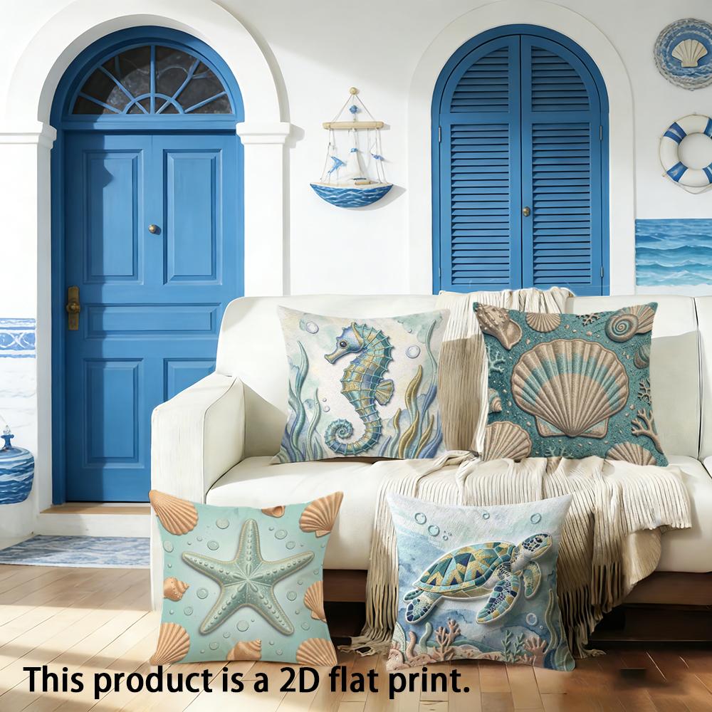 1/4pcs Ocean-themed Decorative Pillow Covers Sofa Bed Cushion Cover Home Bedroom Decoration, 2D Flat Printing