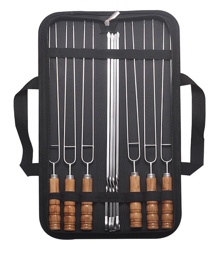 10pcs Outdoor Portable Barbecue Fork Stainless Steel Skewers with Wooden Handles Double Pronged Barbecue Tool Set