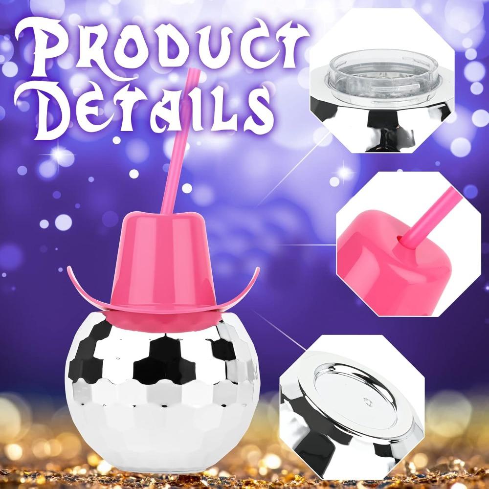 2pcs Disco Ball Cups Pink Cowgirl Hat Mirror Party Cup with Straws Silver 70s Cocktail Cup Sparkling Tumbler Wine Glass