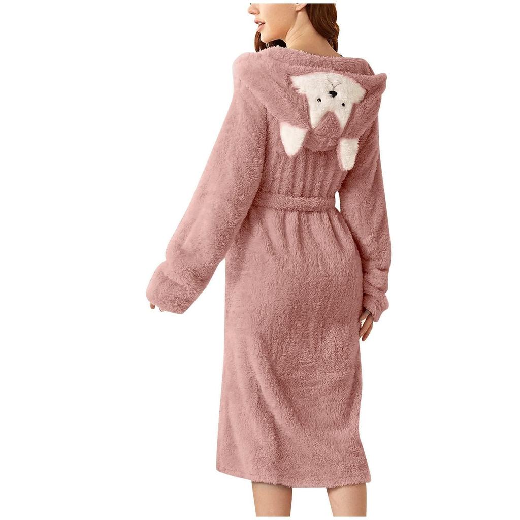 Women's Fleece-Lined Pocket Ear Cap Solid Color Bathrobe