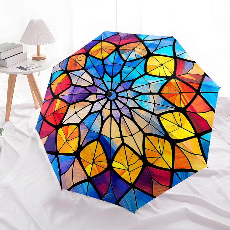 1pc Stained Glass Mandala Design Automatic Folding Umbrella - Portable 3-Fold Design, 8-Bone Iron Frame Outdoor Umbrella, Perfect Festival Gift for Fa