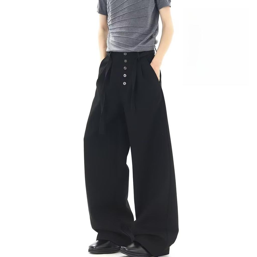 New solid color breasted design trousers men's pleated old money style high-end trendy brand loose wide-leg straight trousers