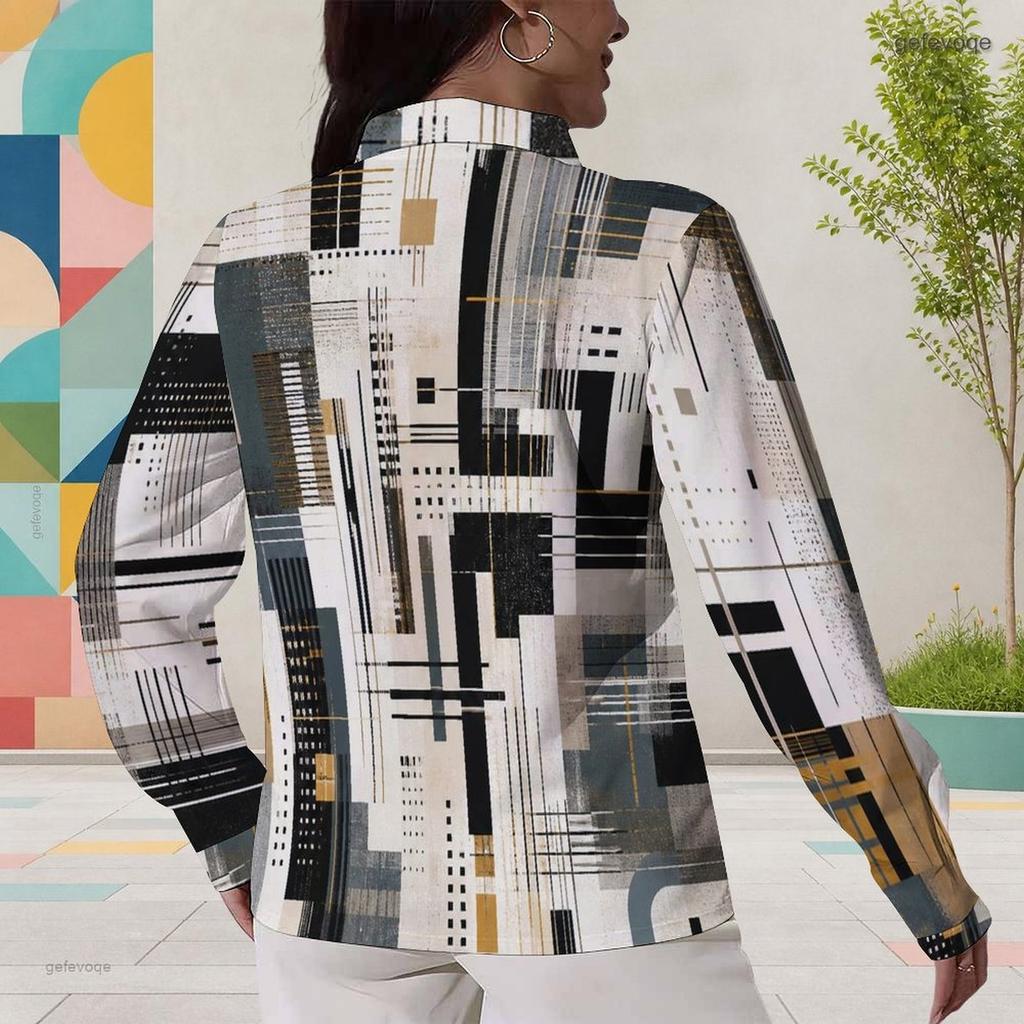 Women Plus Size Abstract Geometric Printed Collared Neck Long Sleeve Button Front Curved Hem Shirt