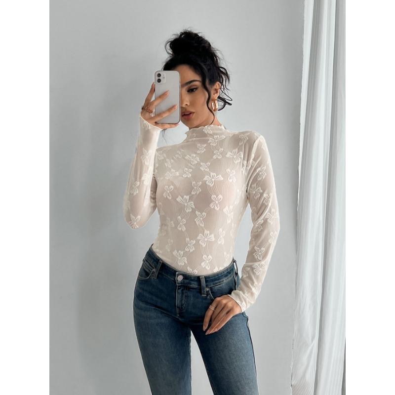 Spring Women's New Style Women's Butterfly Jacquard Mesh Slim Fit Small Stand Collar Long Sleeve T-Shirt Top
