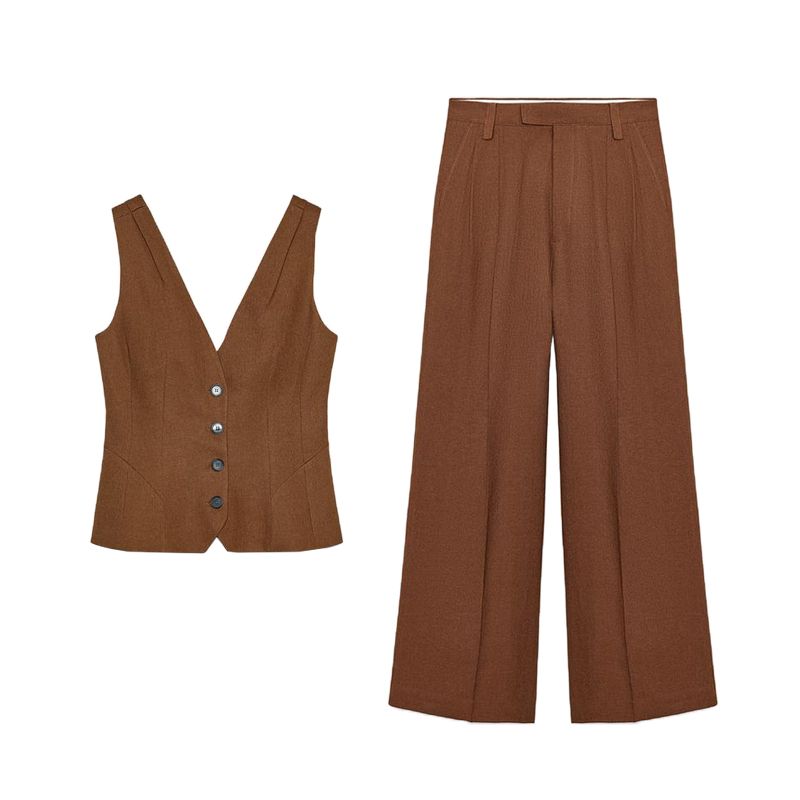 Single Breasted Minimalist All-Match V Neck Sleeveless Vest 3503586 Linen Blend Casual Pleated Pants 2734586