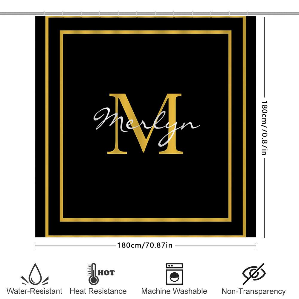 Czarno-złota personalizowana zasłona prysznicowa z monogramem z inicjałów imienia, konfigurowalna do wystroju łazienki, luksusowy element wystroju domu