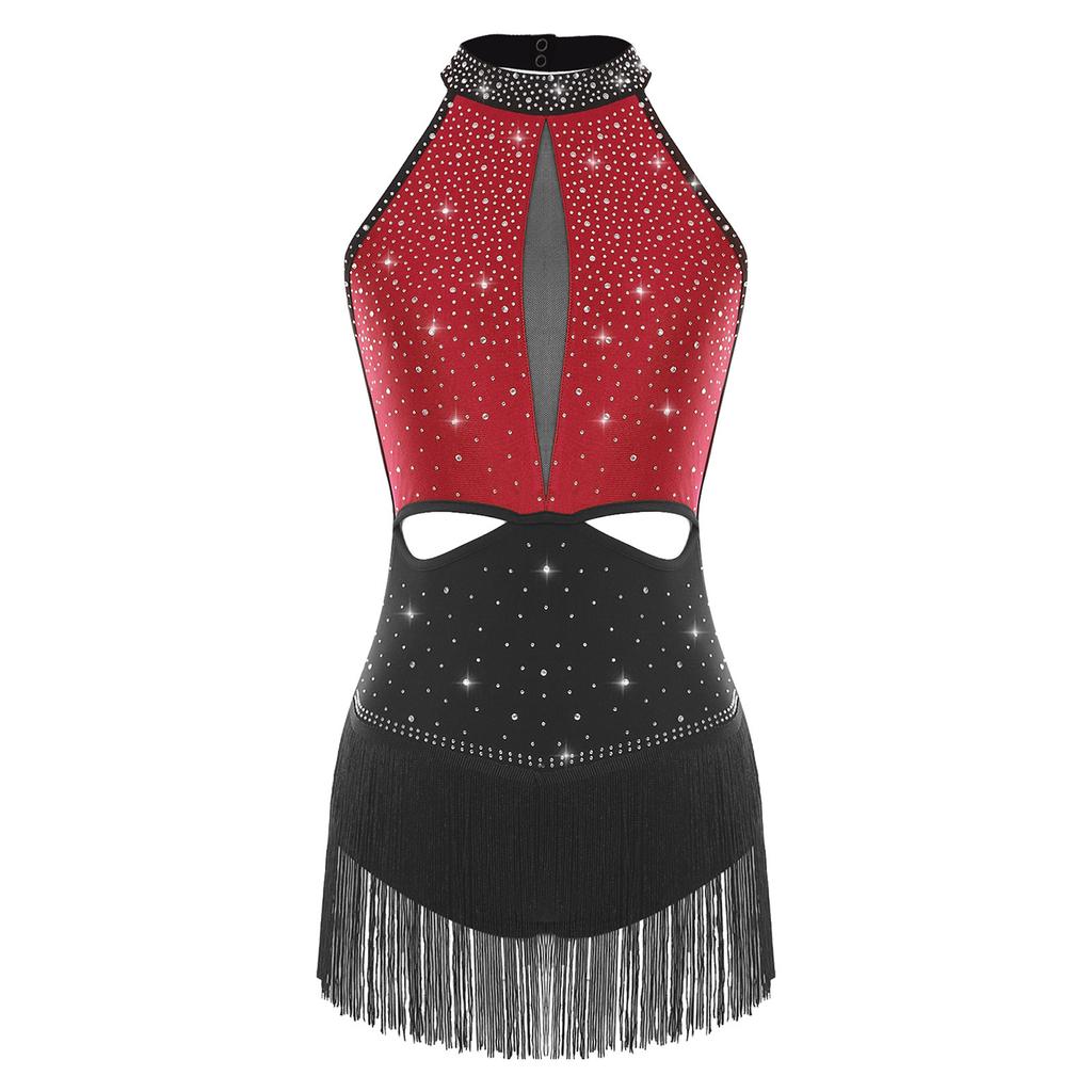 Dámský latinsko-jazzový taneční dres po celém povrchu s kamínky, třásňovou sukní, bez zad, kontrastní barvy, body