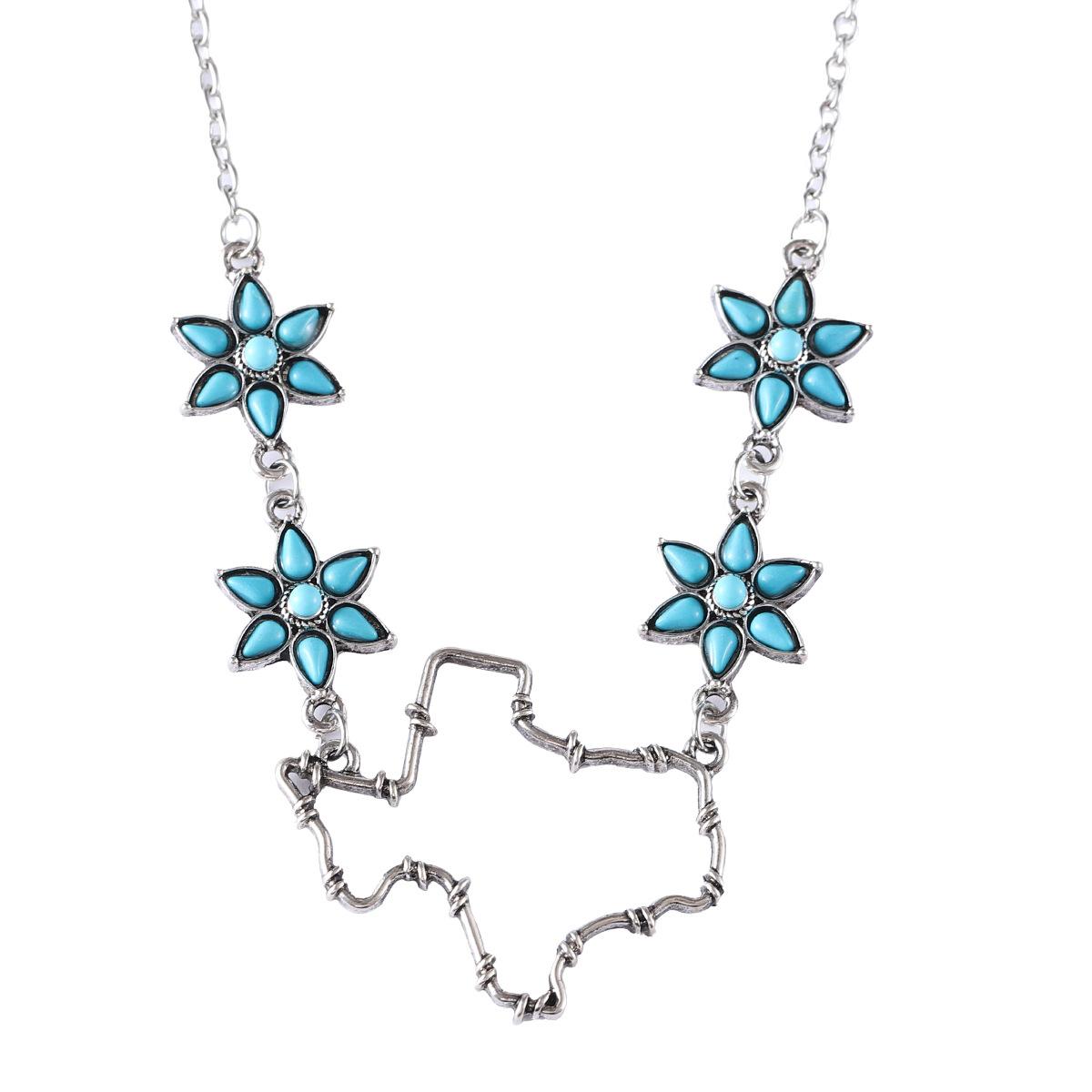 

Vintage Hollow Texas Map Pumpkin Flower Turquoise Collar Necklace, Western Style Metal Necklace Gift for Women