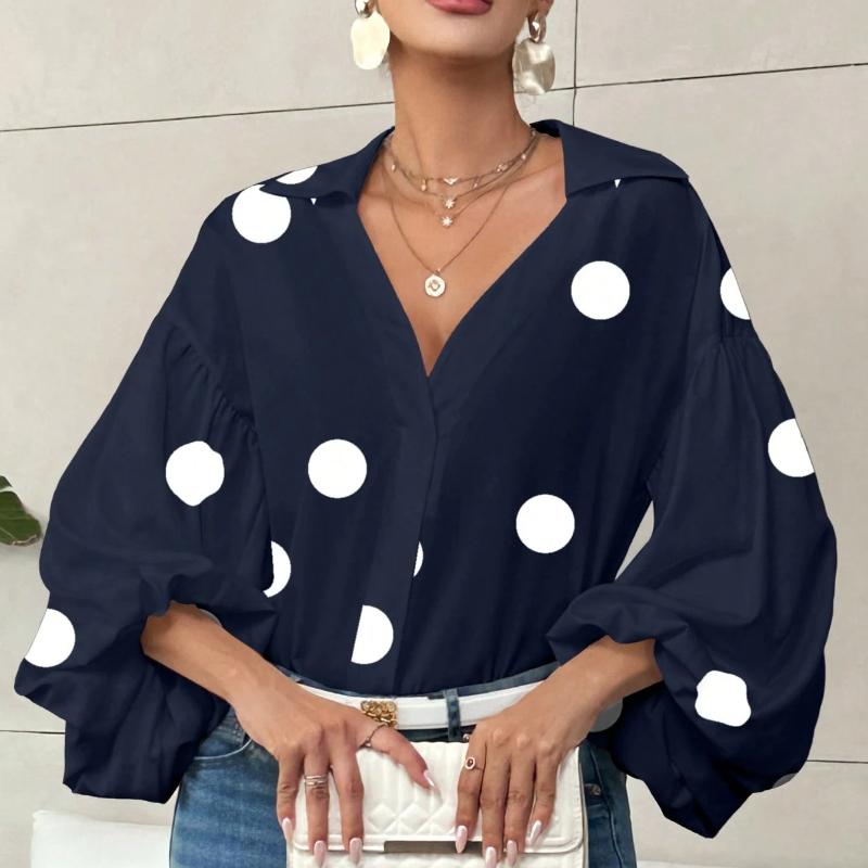 2025 New Style, Niche, French Polka Dot, Semi Open Neck Design, Loose Fit, Bubble Long Sleeved, Top, Autumn Women's Top, Autumn Interior Outfit