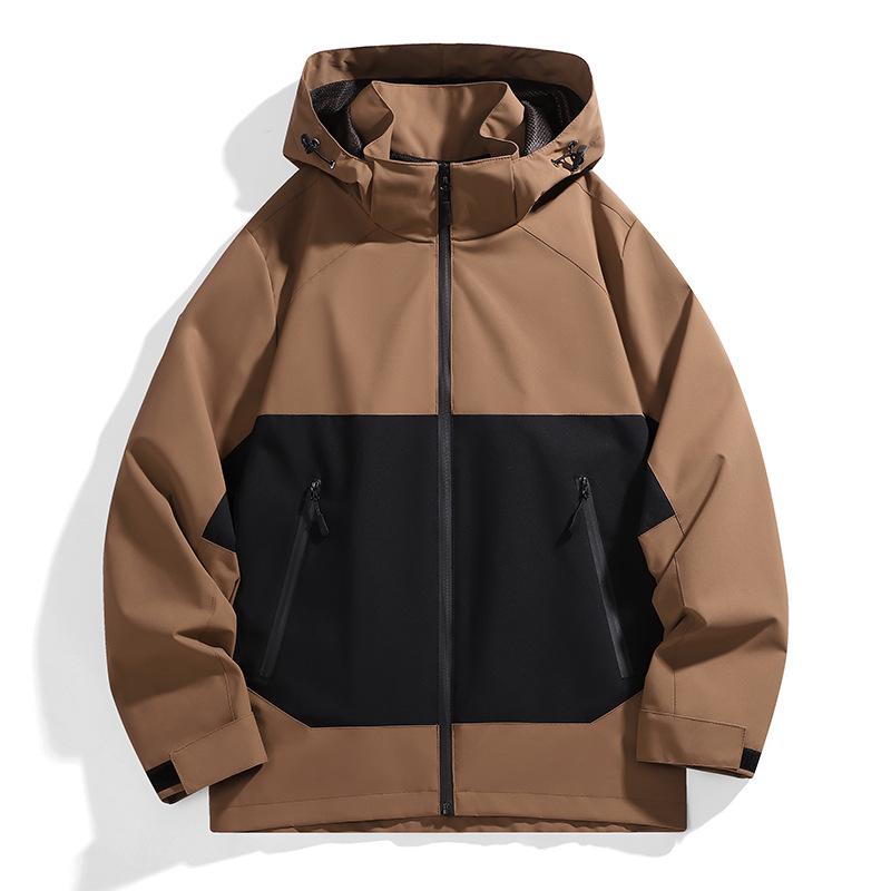 Men's Color Block Hooded Windbreaker: Waterproof, Detachable Hood, Ideal for Spring-Autumn Mountaineering.