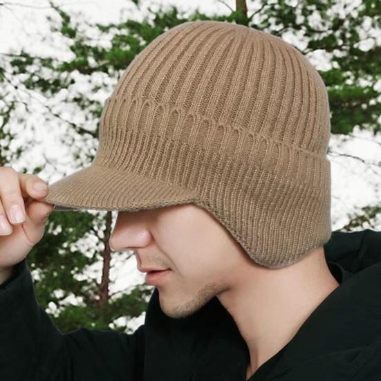 Men Winter Knitted Peaked Hat with Earmuffs Windproof Warm Earflap Hat Outdoor Cycling Baseball Hat Knitted Newsboy Hat with Visor