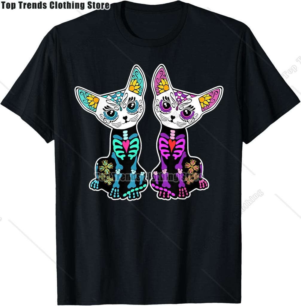Cute Sugar Skull Cat Dia De Los Muertos Day of The Dead TShirt Mexican Summer Fashion Short Sleeved Tee TopsCasual Tshirt