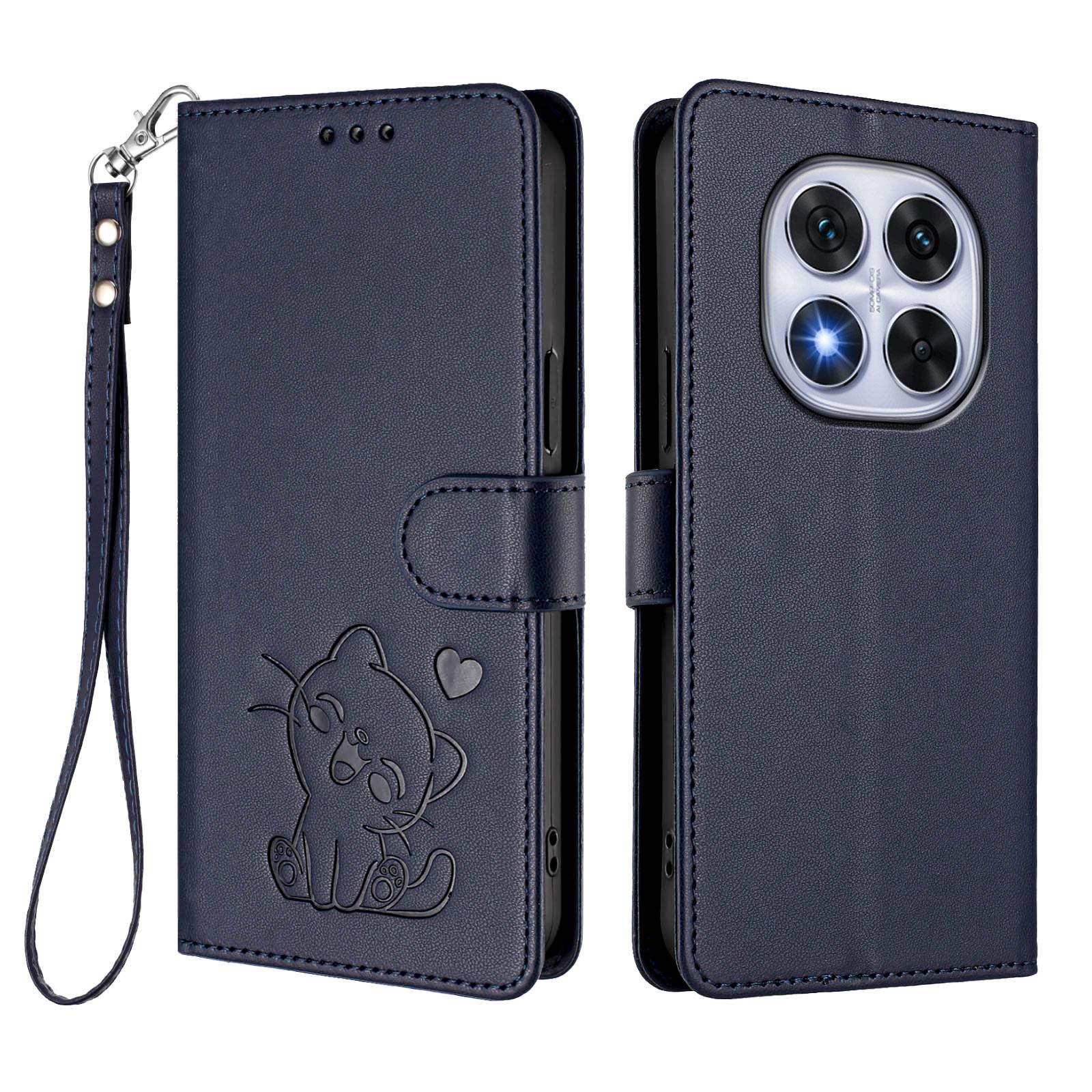 

Flip Cards Solt Wallet Leather Bag Case For Xiaomi Redmi Note 14 Pro Plus 13 12 Embossed Cute Cat Book Stand Hand Strap Cover Redmi Note 14 Pro 4G (Glo синий