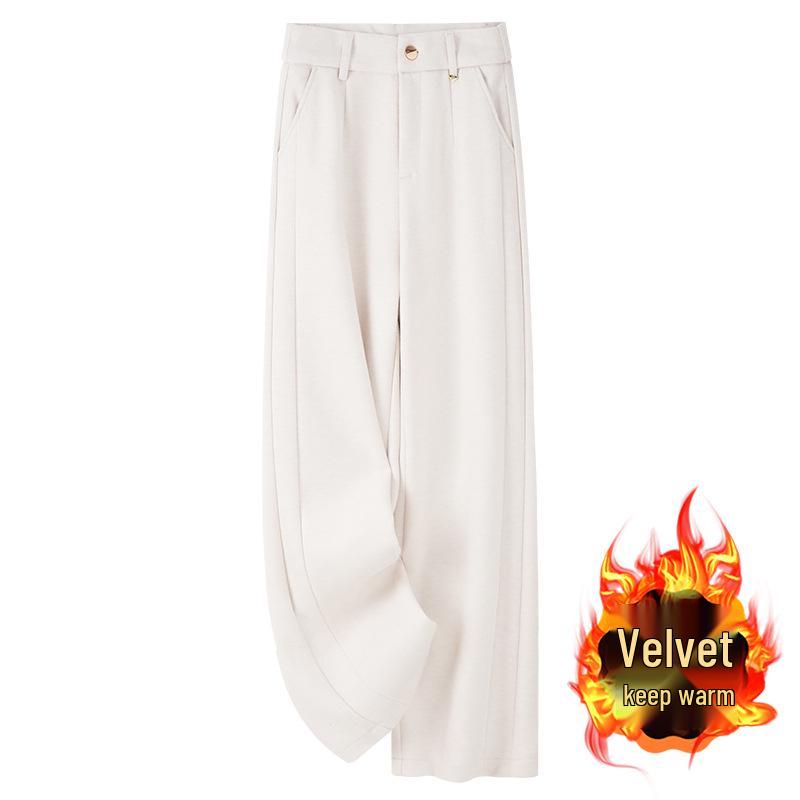 

Beige Fleece-Lined Wide Leg Pants for Women - 2024 Autumn/Winter Lambswool Straight-Leg Trousers XL