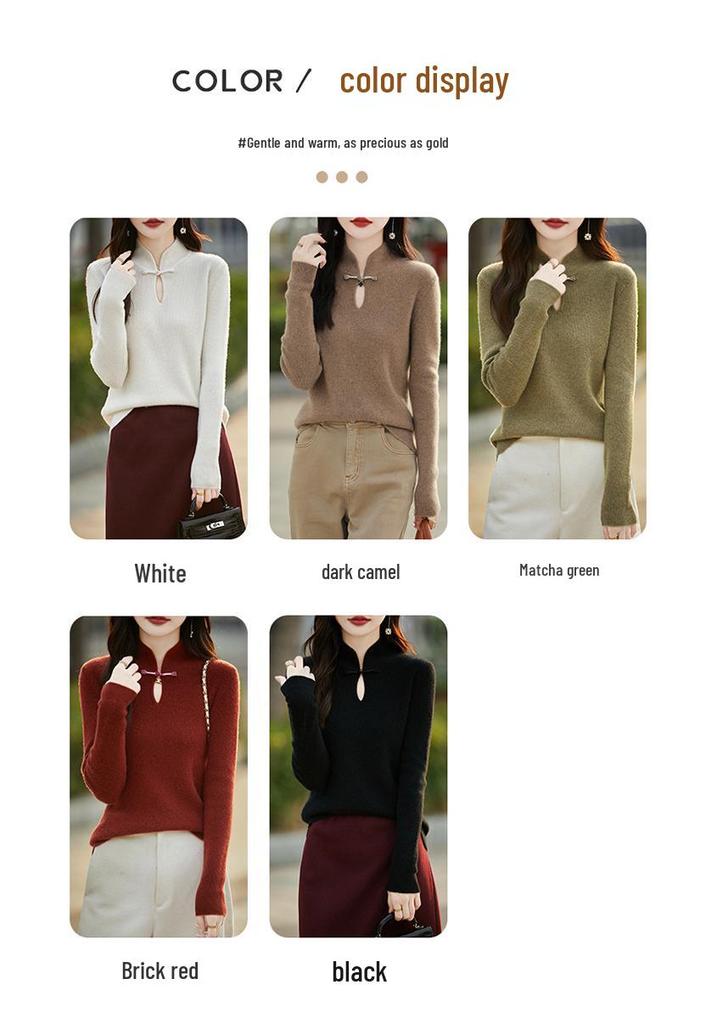 Women's Retro Chinese Style Pure Wool Button-Up Sweater - Slim-Fit Knitwear for Autumn/Winter