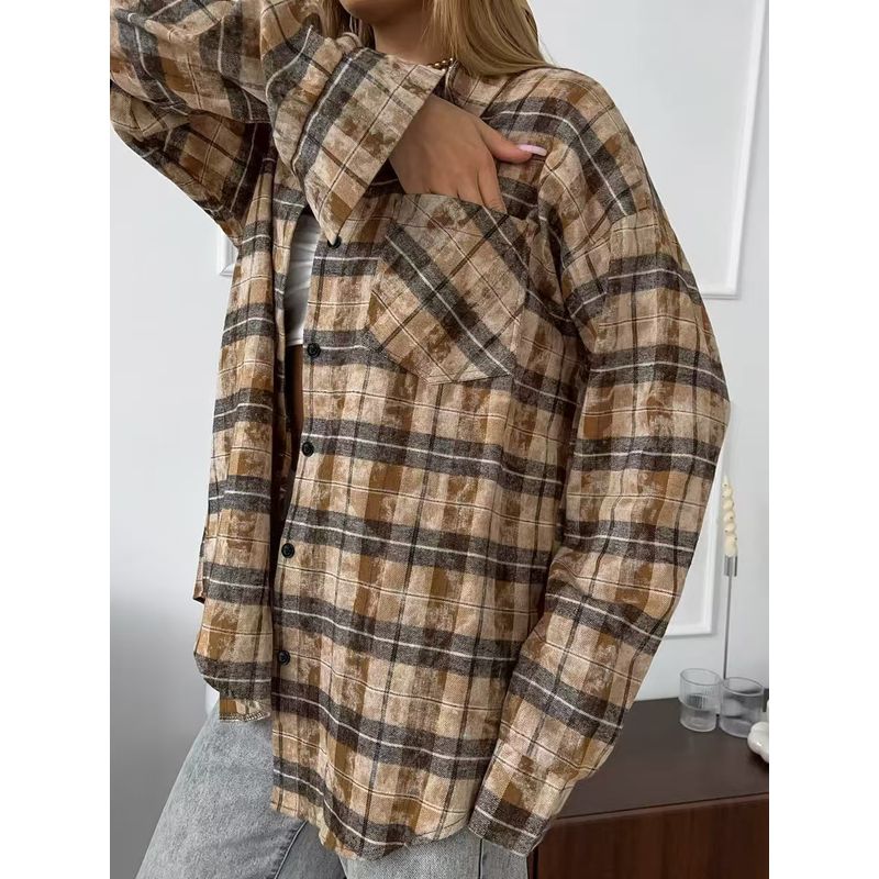 Fashion Long Sleeves Loose Plaid Shirt Autumn Pocket Gingham Shirt Loose Plaid Pocket Shirt