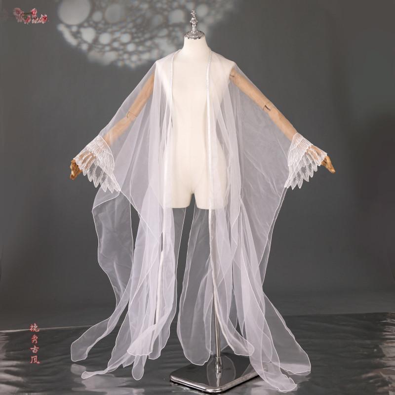 Sheer Tulle Long Cape With Butterfly Lace Cuffs Open Front Flowy Wrap Shawl For Hanfu Cosplay Wedding Photoshoot Outfit