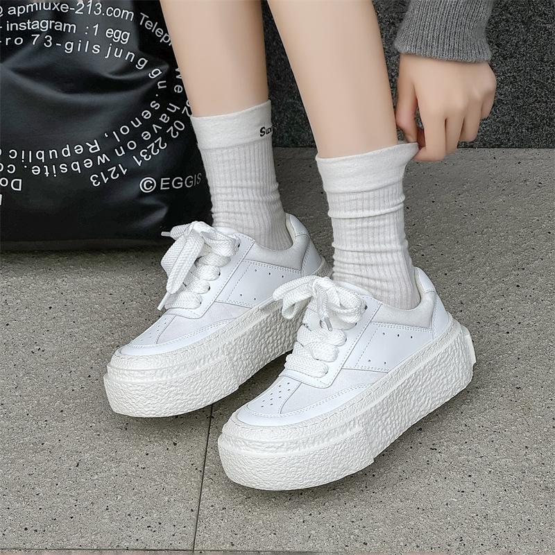 Platform White Shoes for Men and Women Couples New Versatile Lace-up Biscuit Shoes Heightening Muffin Sole Casual Shoes 50447-W