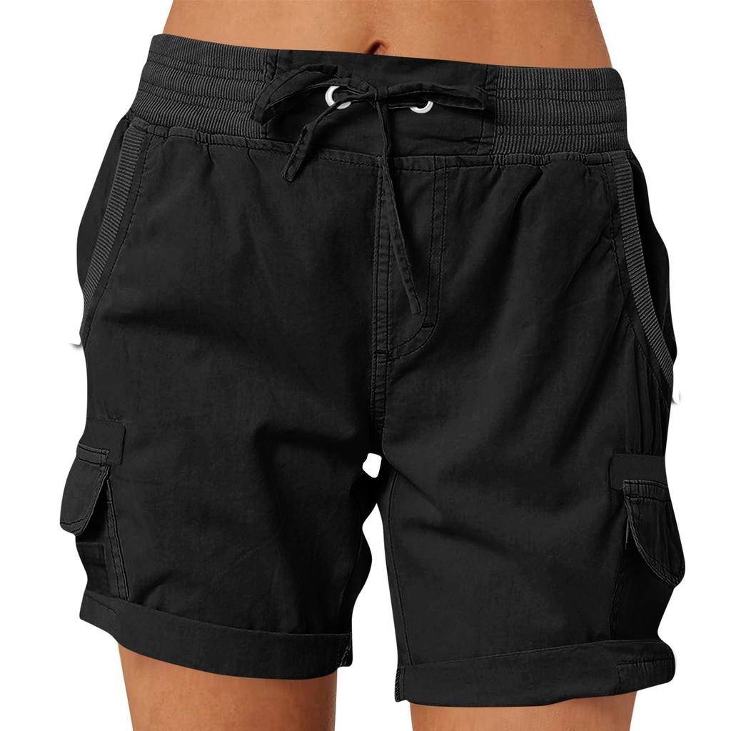 Women's Fashionable Solid Color Pocket Drawstring Casual Work Pants With Elastic Waist And Rolled Edge Five Quarter Shorts