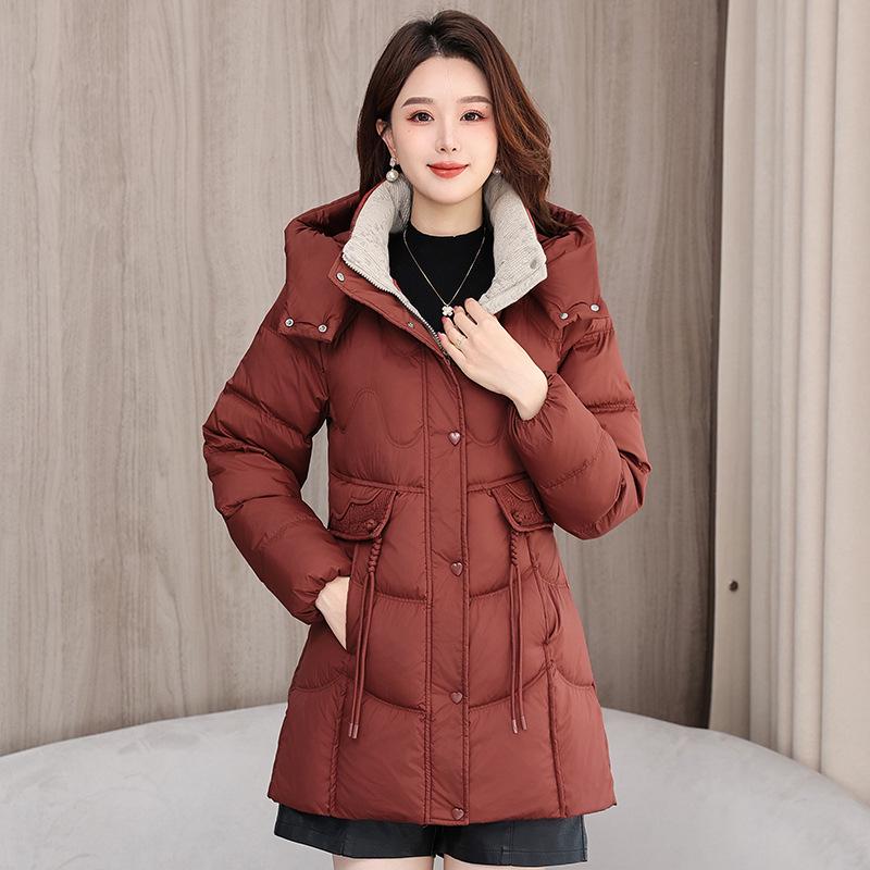 

Women s Mid-Length Hooded Lace Pocket Down Jacket - 2025 Winter Slim Fit White Duck Down Coat M for 80-105 jin червоний