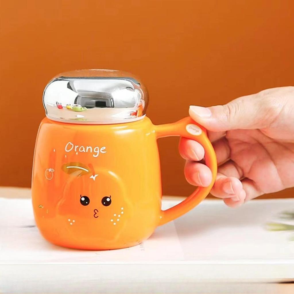 Ceramic Cup Mirror Cover Household High Value Relief Fruit Coffee Cup Office Worker Leakproof Lid Mug