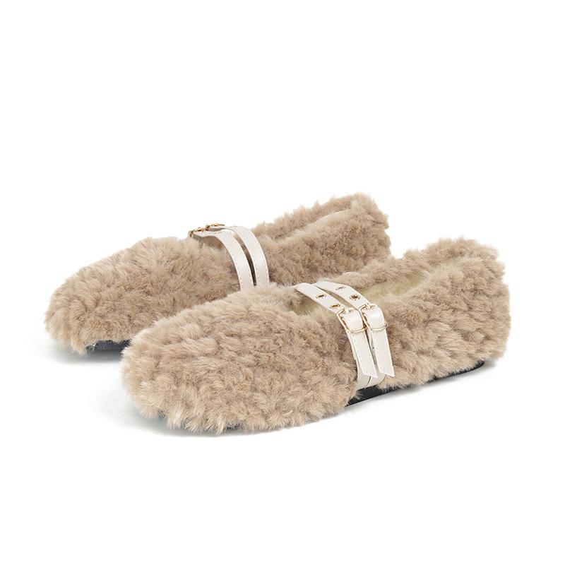 Fashion Wool Fur Winter Shoes Woman Slip On Loafer Double Rivets Belt Furry Moccasins Female Curly Fur Flats Lambwool Shoes Big Size 43