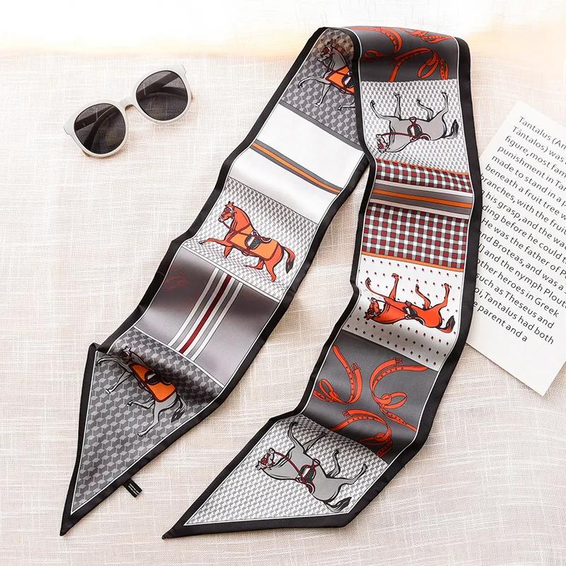 Long Silk Scarf Bag Tie Lady Neck Skinny Scarves Hairband Foulard Horse Print Brand Lady Neckerchief Ribbon  Spring New