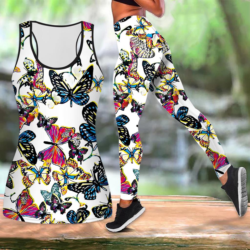 Long Tailed Butterfly Print Yoga Outfit for Women Fashion Workout Leggings Fitness Sports Casual Yoga Set Sports Suit
