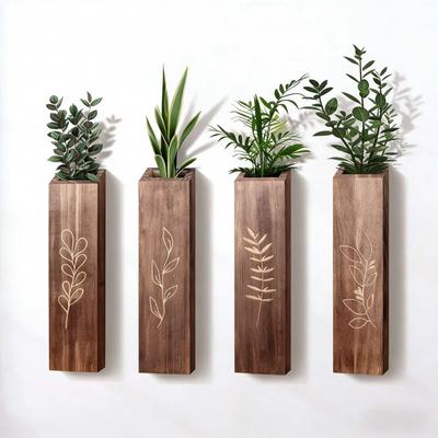 4Wooden Wall Planter4Pieces Bohemian Style Farmhouse Decor Living Room Bedroom Decoration Pocket Vase Dried Flowers Artificial G