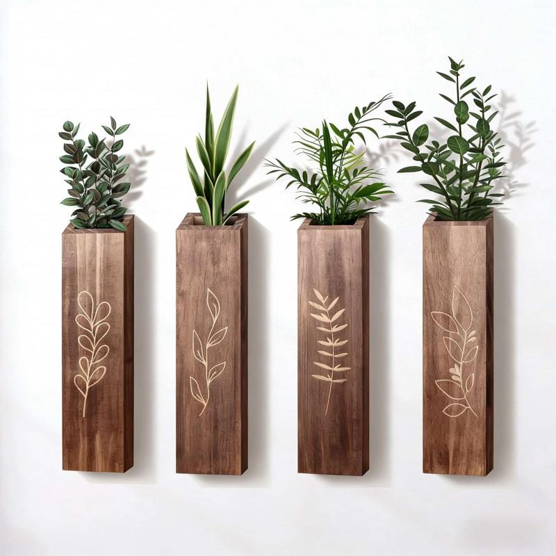 Wooden Wall Flower Pot4Set of Bohemian Farmhouse Style Living Room Bedroom Decor Pocket Vase Dried Flowers Artificial Green Plan