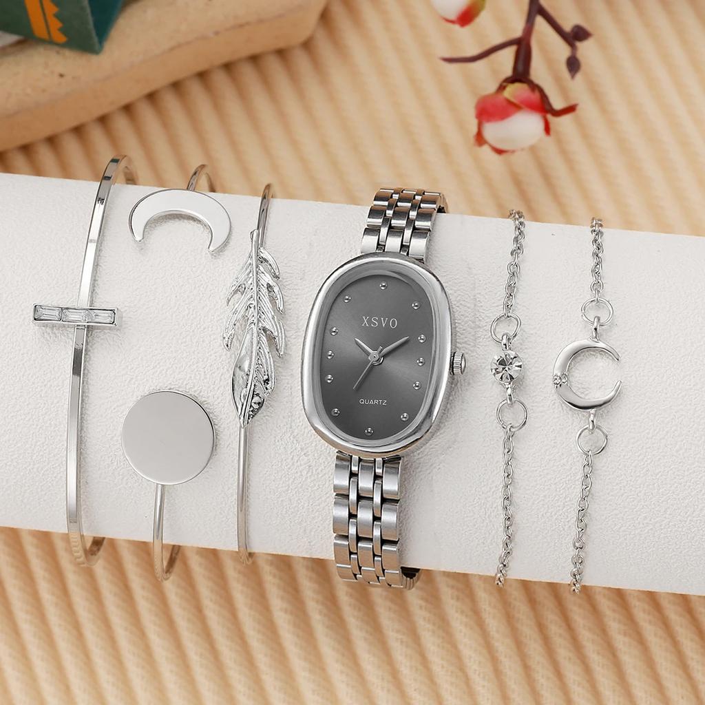 Fashion Entry Luxury Oval Dial Rhinestone Scale Alloy Strap Women's Quartz Watch Bracelet Set of 5, Suitable for Thanksgiving an